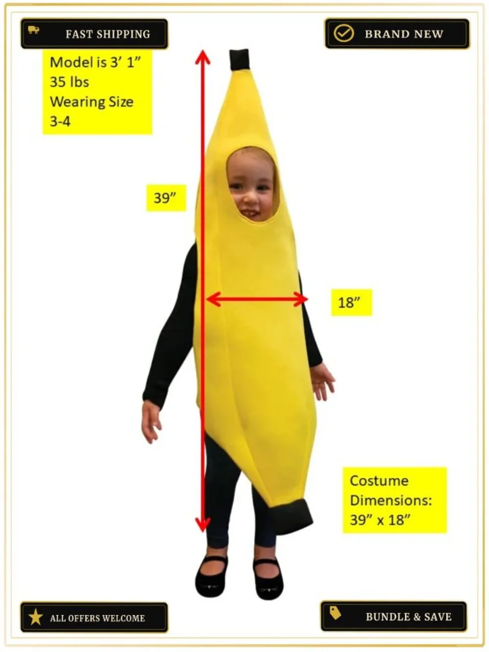 Banana Costume Child Size 3-4 Over Head Tunic Halloween Party